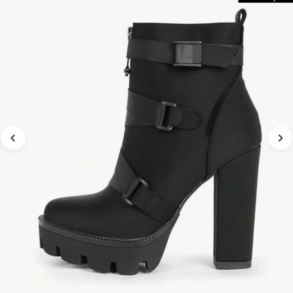 Wet Kiss Black Lycra Heeled Combat Platform Booties w/Straps EUC - Picture 3 of 13